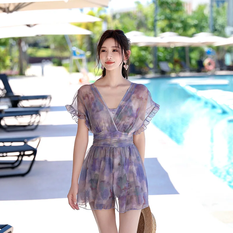 Purple Ruffle Dress Swimwear Women 2024 Sexy Short Sleeve One Piece Swimsuit Deep V Bathing Suit Korean Beach Swim Wear Monokini