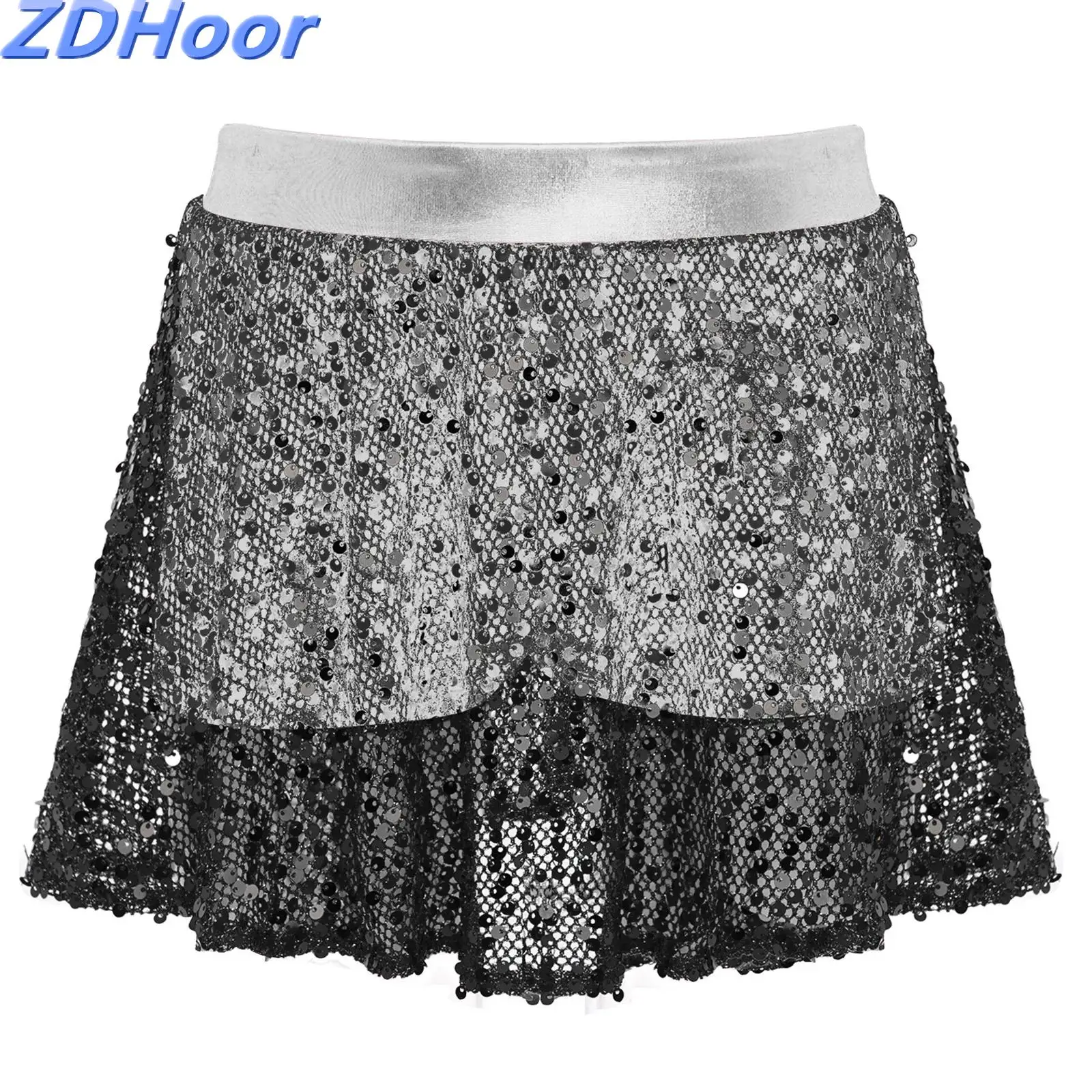 

Kids Girls Sparkling Sequins Dance Skirts with Built-in Elastic Waistband Metallic Shorts for Dance Performance
