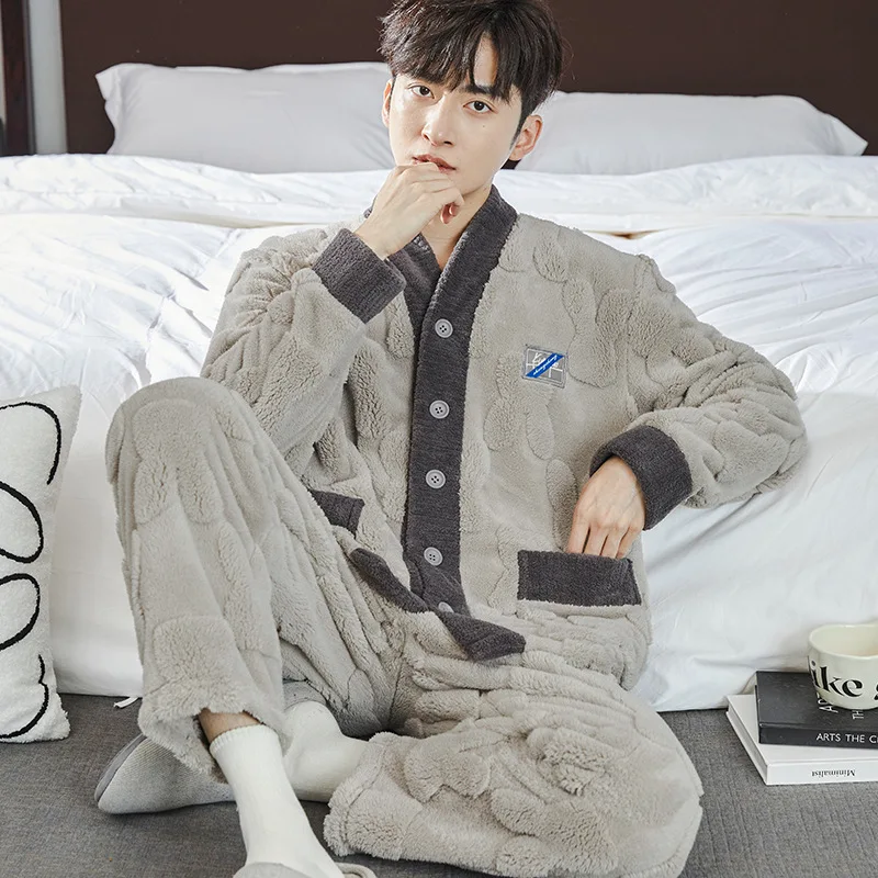 

Man Clothing Man Pajama Set Winter Fleece-Lined Large Pajamas Fashion Sweatshirt Loose Bathrobe Homewear Casual Shirt Wholesale