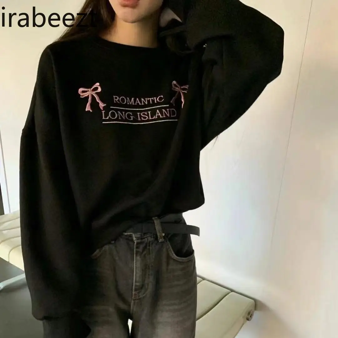 Spring New Design Bow Embroidery Loose Pullover Round Neck Hoodie Top All Match Student Girl Fashion Camisas Mujer