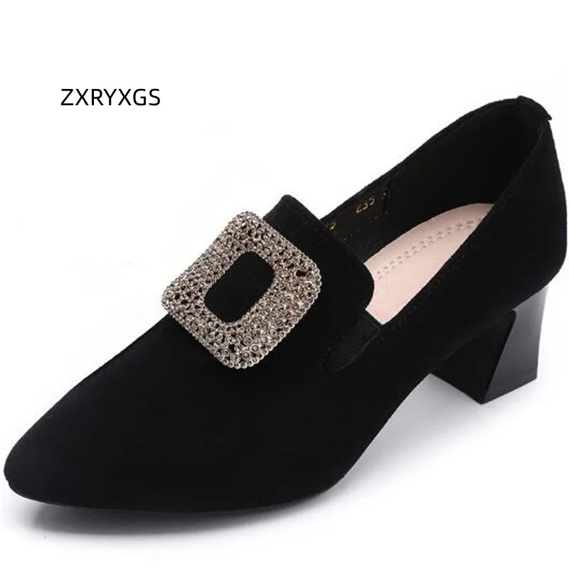 ZXRYXGS 2024 Autumn Frosted Sheepskin Pointed Square Buckle Rhinestone Shoes Woman New Heel High 5.5 / 3 Cm Large Size