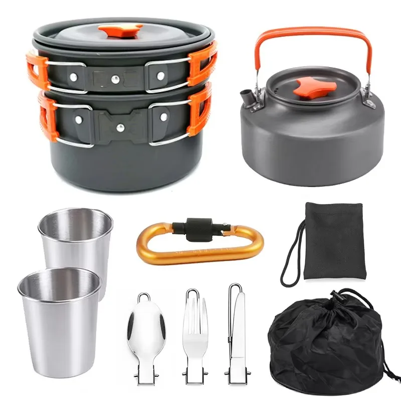 Hot Selling 2-3 Person Outdoor Cookware Camping 9PCS Folding Pot Pan Kettle Aluminum Alloy Cooking Set For Hiking