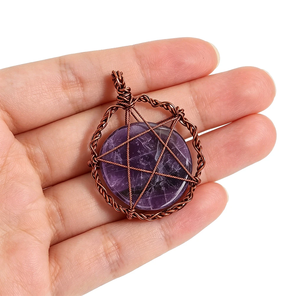 Handmade Metal Wrapped Natural Amethyst Pentagram Pendant for Boho Style Necklace Jewelry