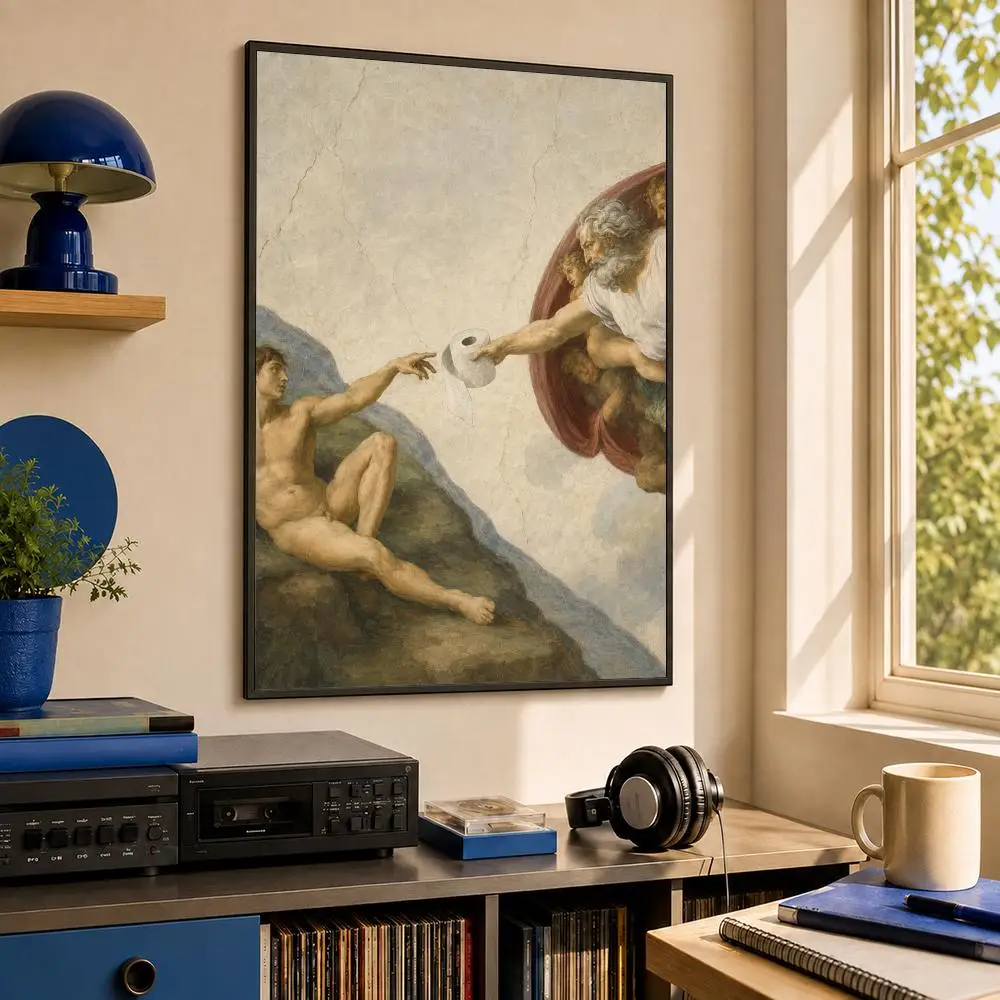 Hand of God and Adam Funny Toilet Paper Poster HD PP Waterproof Wall Decor for Living Room Gift