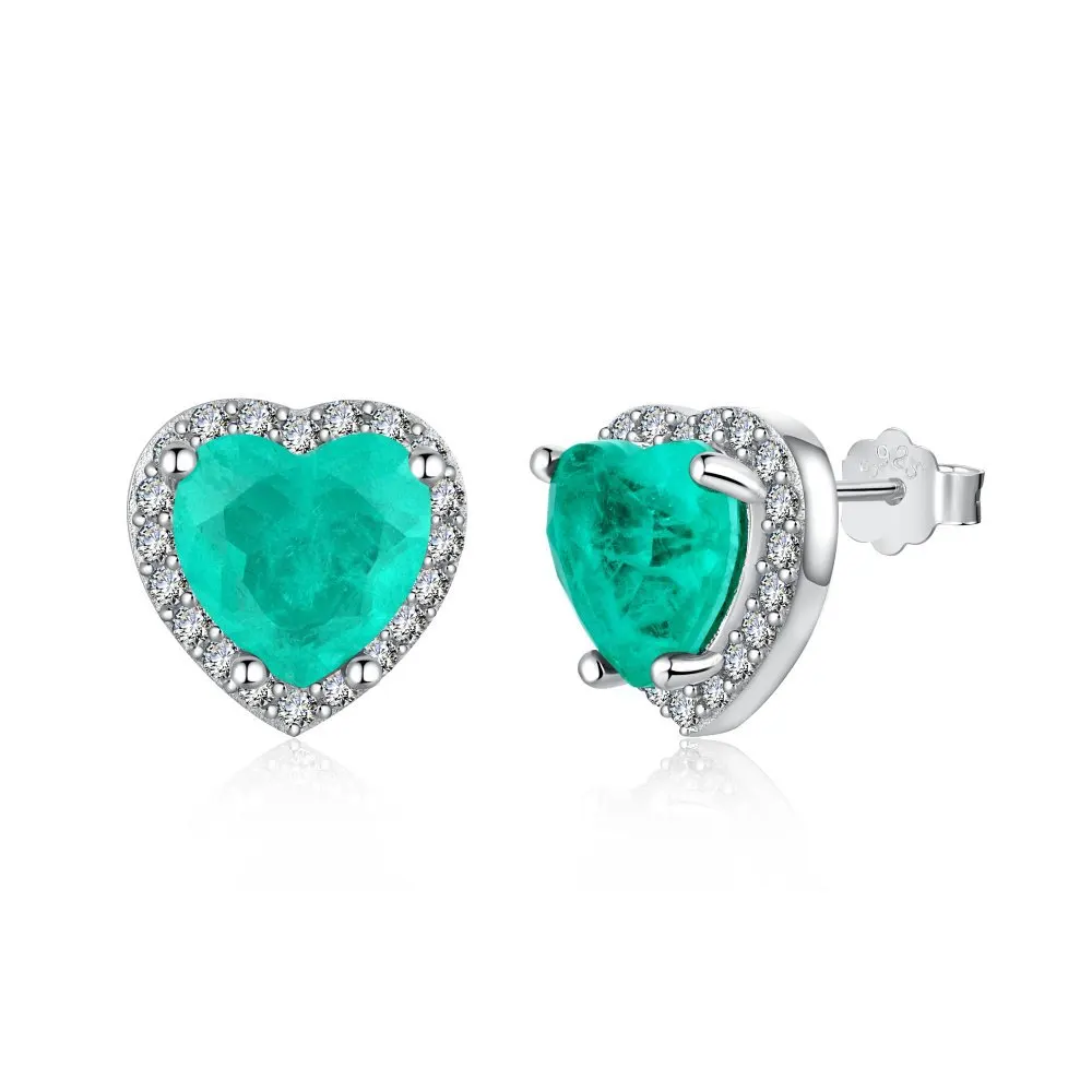 

S925 Silver Ear Studs Paraiba Love Zircon Inlaid Light Luxury Retro Style Fashion Versatile Earring Jewelry