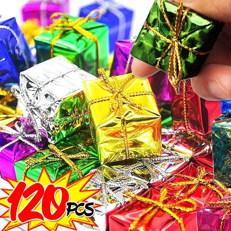 12/120PCS Colorful Mini Gift Box Square Foam Christmas Ornaments Xmas Tree Hanging Pendants Gift Boxes New Year Party Decoration