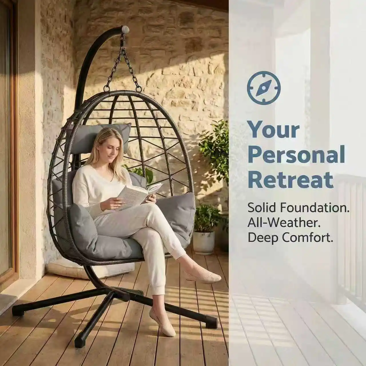 HAUSPROFI Hamaca Plegable Tipo Columpio, Silla Mecedora con Soporte, Cojín y Reposacabezas, Soporta 150 kg, Para Jardín o Balcón