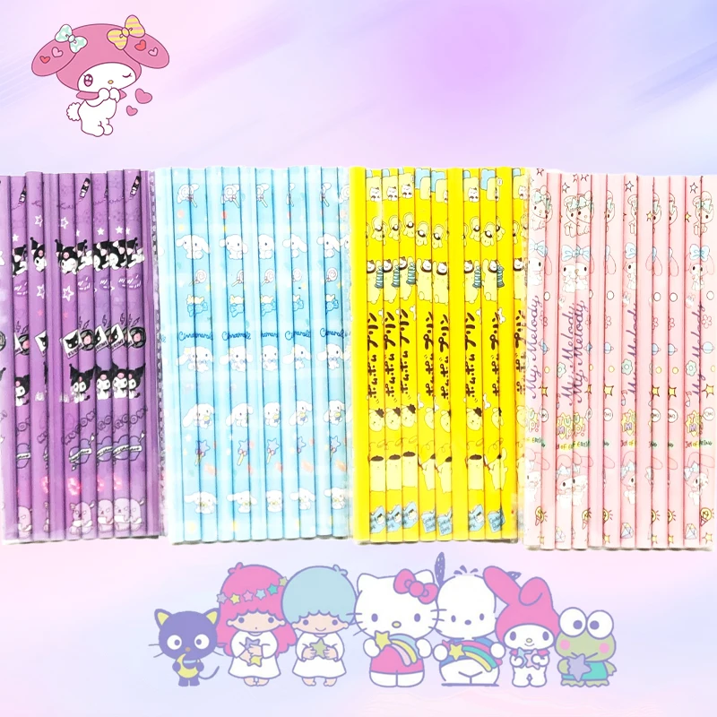 Sanrio-Juego de 12 lápices de piezas para estudiantes, material de papelería de Anime, My Melody, Kuromi Cinnamoroll, útiles escolares prácticos,