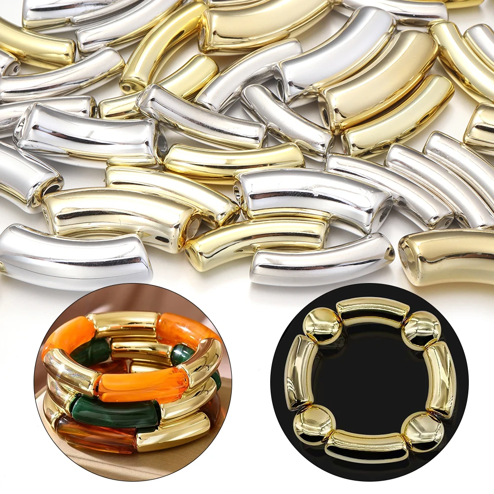 10 Stück/Set CCB Bambus-Röhrchenperlen Gold/Silber Grobe Gebogene Lose Abstandsperlen für DIY Armband Halskette Schmuckzubehör – Detail 2