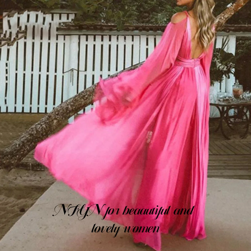 NFYN A Line Prom Dresses Long Full Sleeves Deep V Neck Backless Vestidos Chiffon Long Evening Dress Party For Women Customized