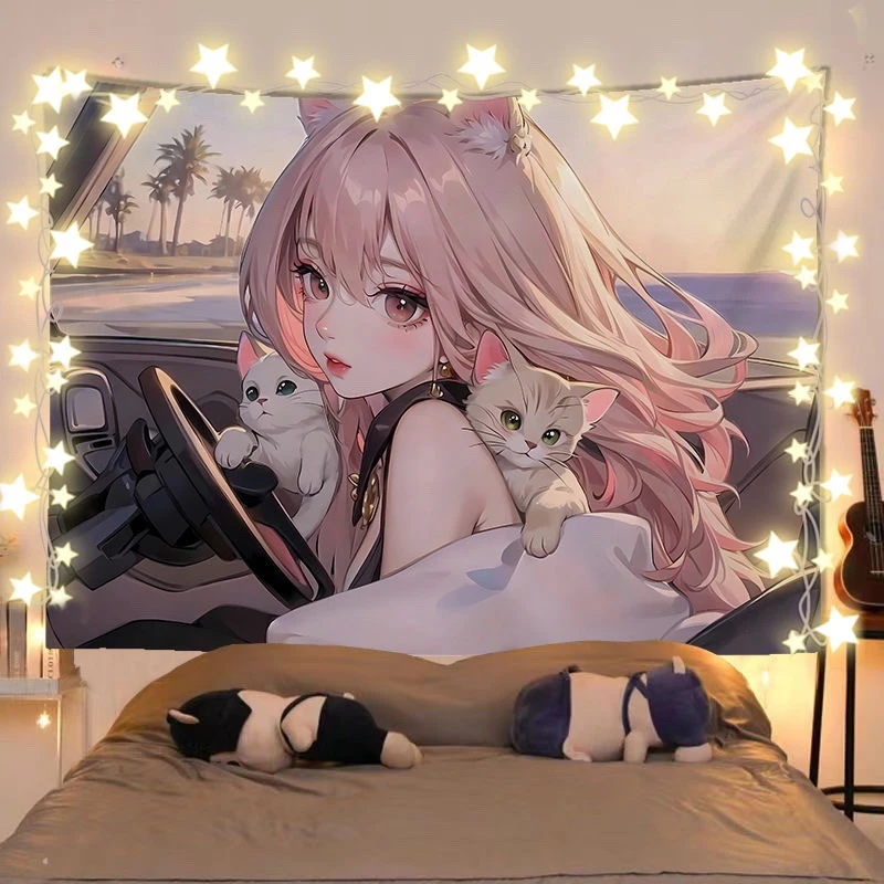 VIKAMA Cat Ear Anime Girl Wall Tapestry, Polyester Hanging Cloth for Girls Bedroom Dorm Room Apartment Home Room Decor