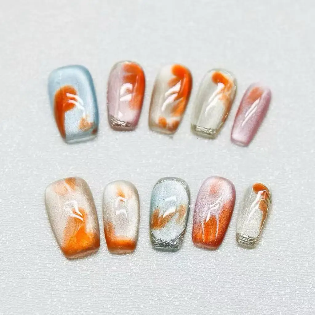 

Cute dopamine contrast cat eye short gentle nail art, pure handmade custom wearable nails, reusable nail art