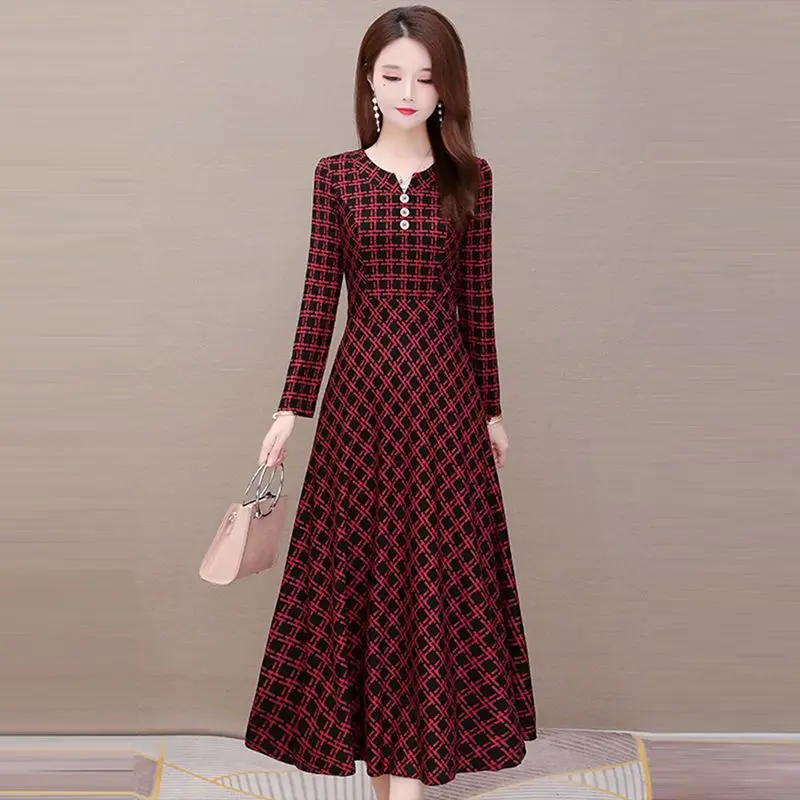 

Temperament Dress Women's Solid Color Spring Autumn New Square Collar Long-sleeved A-line Long Skirt Fashion Female Clothing