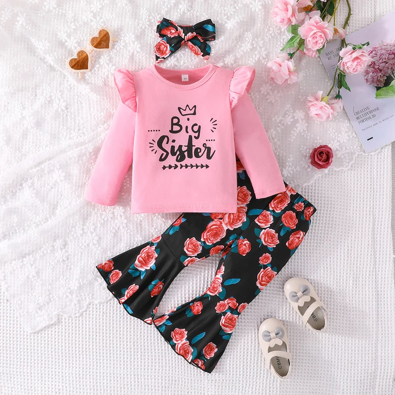 IYEAL  Baby Girls' Spring and Autumn Flower Printed Clothing Set Letter Long Sleeve Top+Flower Flare Pants+Headband 3 Pcs