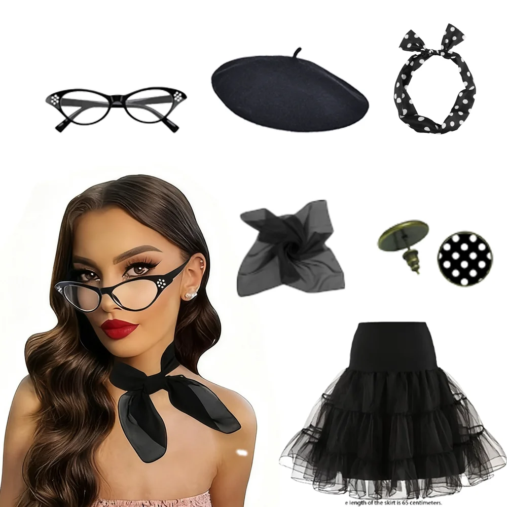 

Набор аксессуаров PESENAR 1950-х годов (6 шт.) — берет, шарф, повязка на голову, очки, юбка-пачка, серьги для вечеринки, карнавала и т. д.