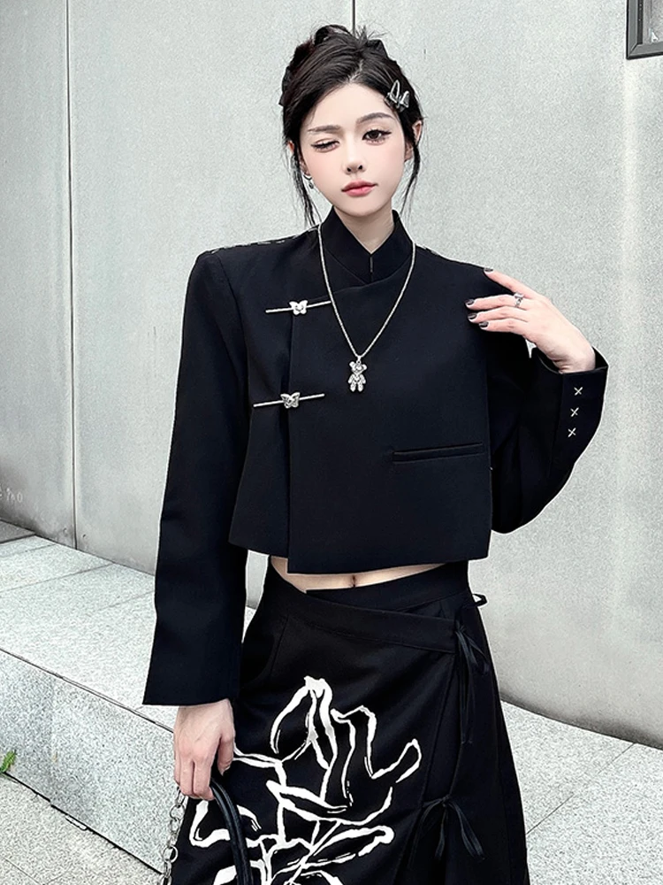 SONNEESD Diablo Style Streetwear Senior Vintage Turnbuckle Single-Breasted Harajuku Black Short Stereo Cutting Blouses Shirt