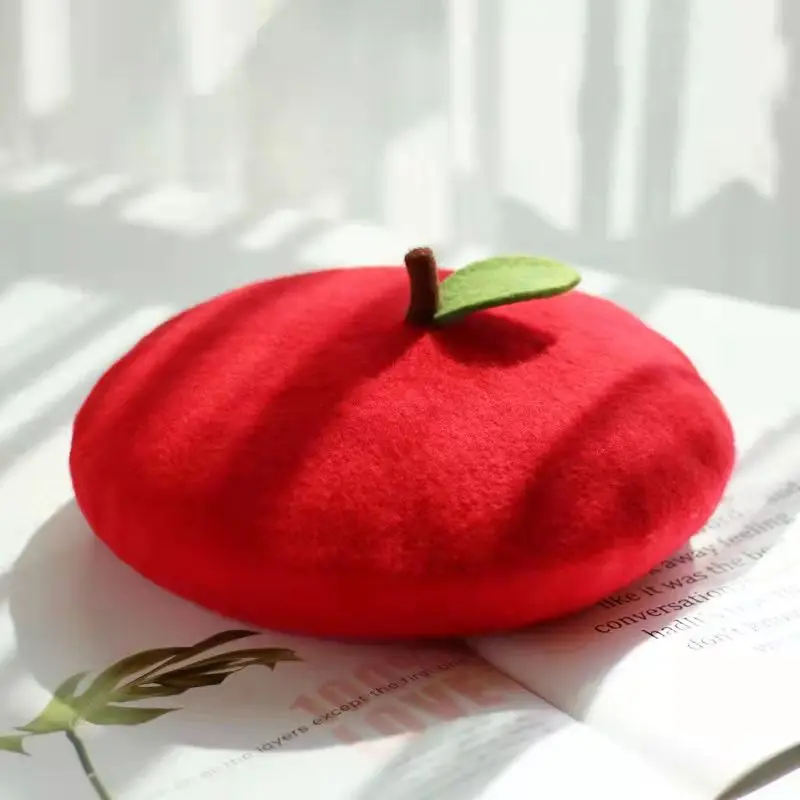 Qisin Green apple beret autumn and winter 2023new Korean fruit pumpkin hat cute soft sister little leaf painter hat woolen beret