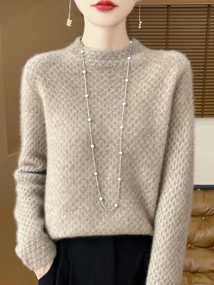 Women's Wool Sweater Pullover Half- High Neck Casual Knit Tops Autumn Winter Thick Jacket Warm Honeycomb Pattern Pullover Top