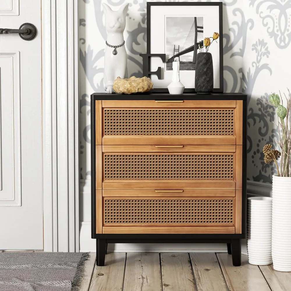 Nachttisch, 2er-Set, gewebte Kommode mit Rohrvorderseite und Messinggriff, Nachttische