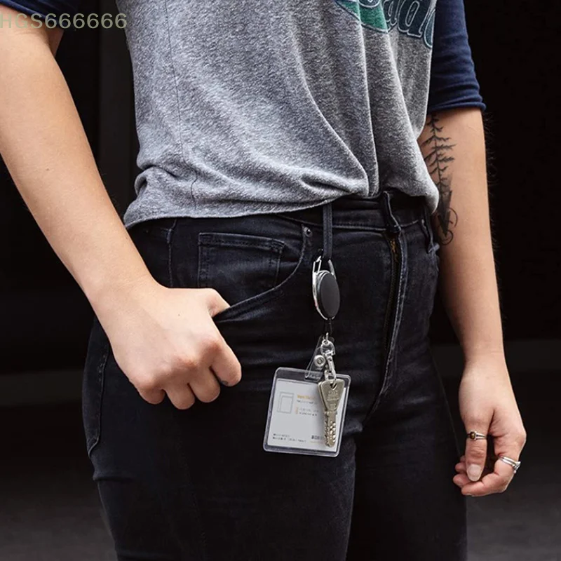 

1Pc Black Retractable Pull Key Ring ID Badge Lanyard Name Tag Card Holder Reel Belt Clip Metal Housing Plastic Covers