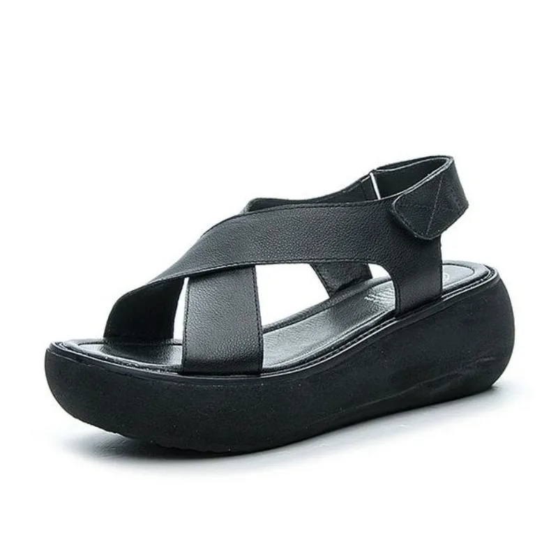 

Модные летние винтажные сандалии на плоской платформе из натуральной кожи, женские уличные сандалии на плоской подошве с перекрестным ремешком на липучке, размер 34-40