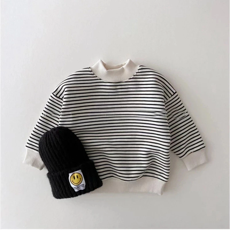 Winter Children Fleece Lining Sweatshirt Kids Boys Striped Hoodies Tees Baby Girls Turtleneck Casual Warm Tops Infant Clothing