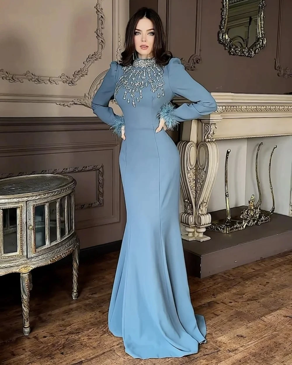 

Beaded Feather Long Sleeves Bespoke Occasion Gown Evening Dresses Pastrol Unisex Jersey Retro Dubai Saudi Arabic Prom Customized