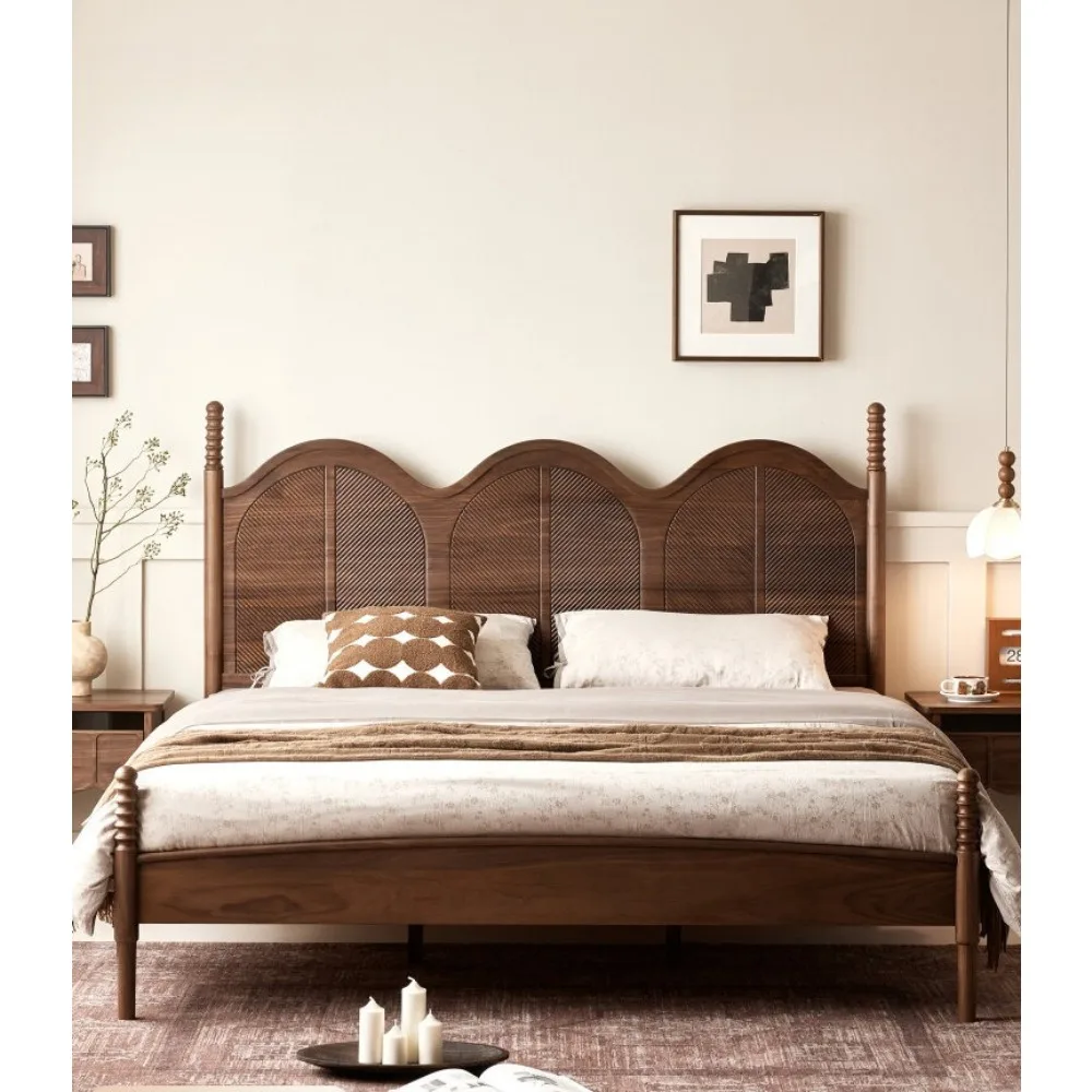 French Vintage Black Walnut Solid Wood King Bed Premium Handcrafted Master Bedroom Furniture Elegant Design for High-End Homes