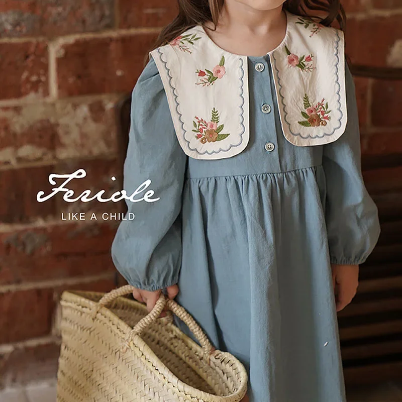 2024 Spring Girl\'s Fashion Embroidery Dress Baby Girl Korean Style Long-sleeved Flower Clothing Kids Casual Toddler Party Dress