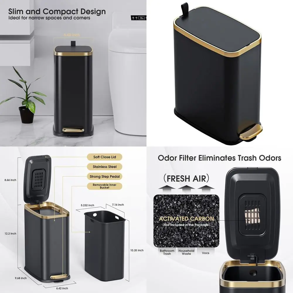 

Slim 5L Metal Step Trash Can with Soft Close Lid - Ideal for Office, Bedroom, and Bathroom in Black