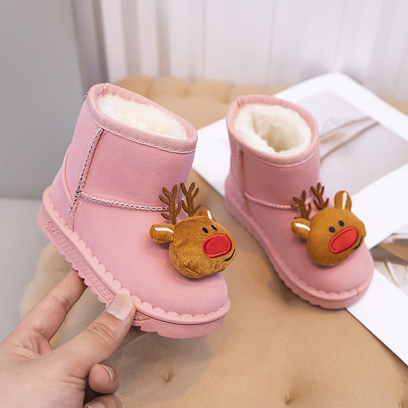 Kids Winter Fashion Non-slip Snow Boots 3D Christmas Deer Santa Claus Christmas Tree Decoration Childrens Plush Warm Sport Shoes