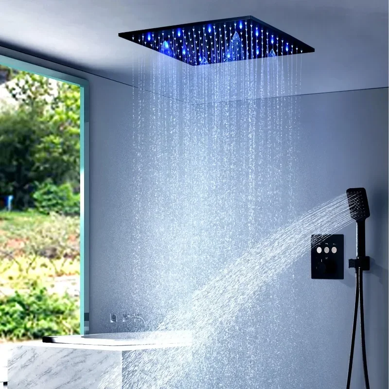 Modern 16 inch Rain And SPA Mist Ceiling Shower Head Bathroom LED Shower Faucets Set With Black Thermostatic Mixer Valve