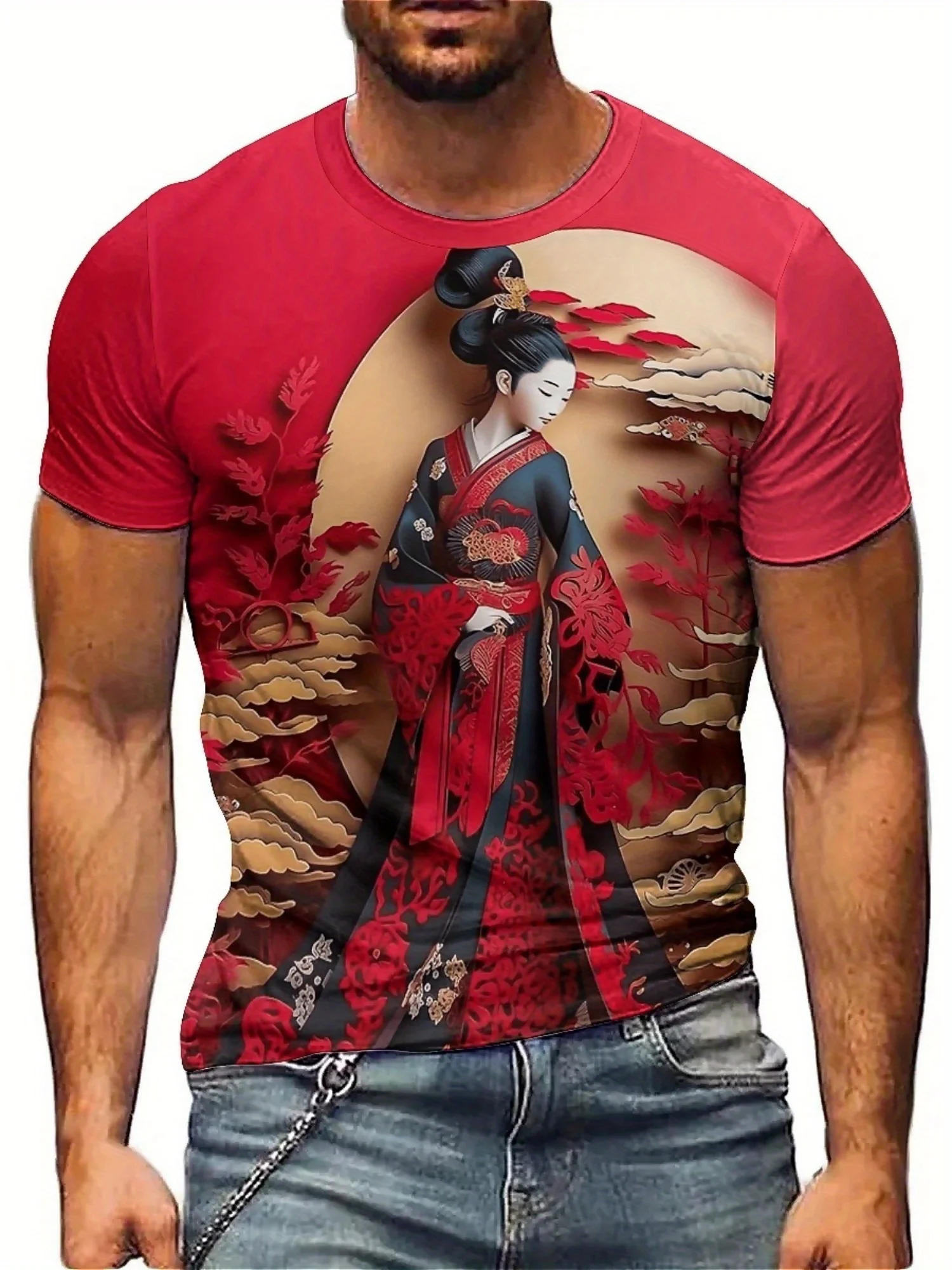 

Men's 3D Japanese Ukiyo-e Art Print T-Shirt - Traditional Kimono Woman Design, Breathable Polyester Fabric, Short Sleeve