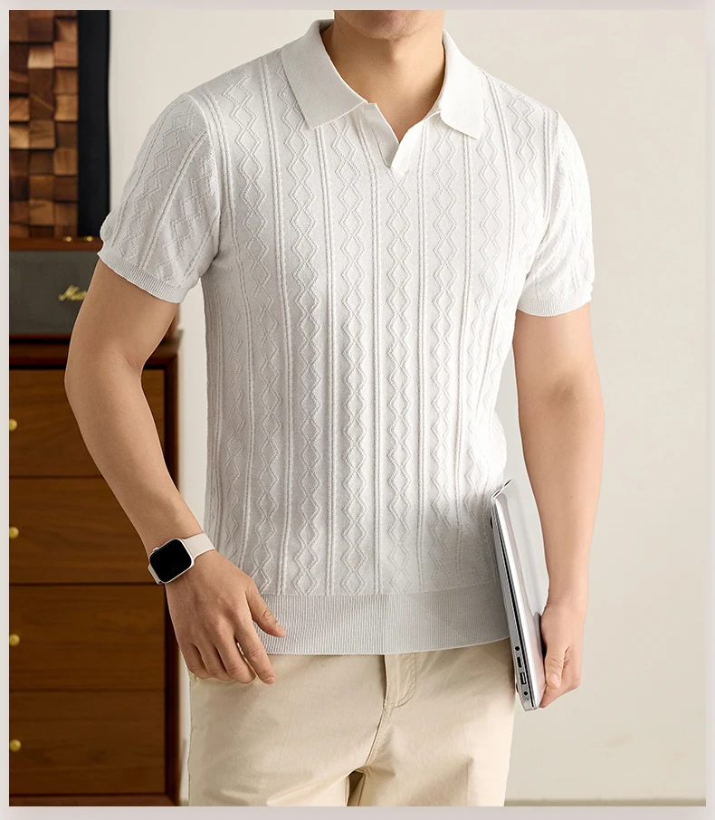 Luxuriöses, gestricktes 100% Baumwoll-Poloshirt für Herren, kurzärmelig, neu, Jacquard, weich, atmungsaktiv, modisch, hochwertig, einfarbig, lässiges T-Shirt. – Detail 9