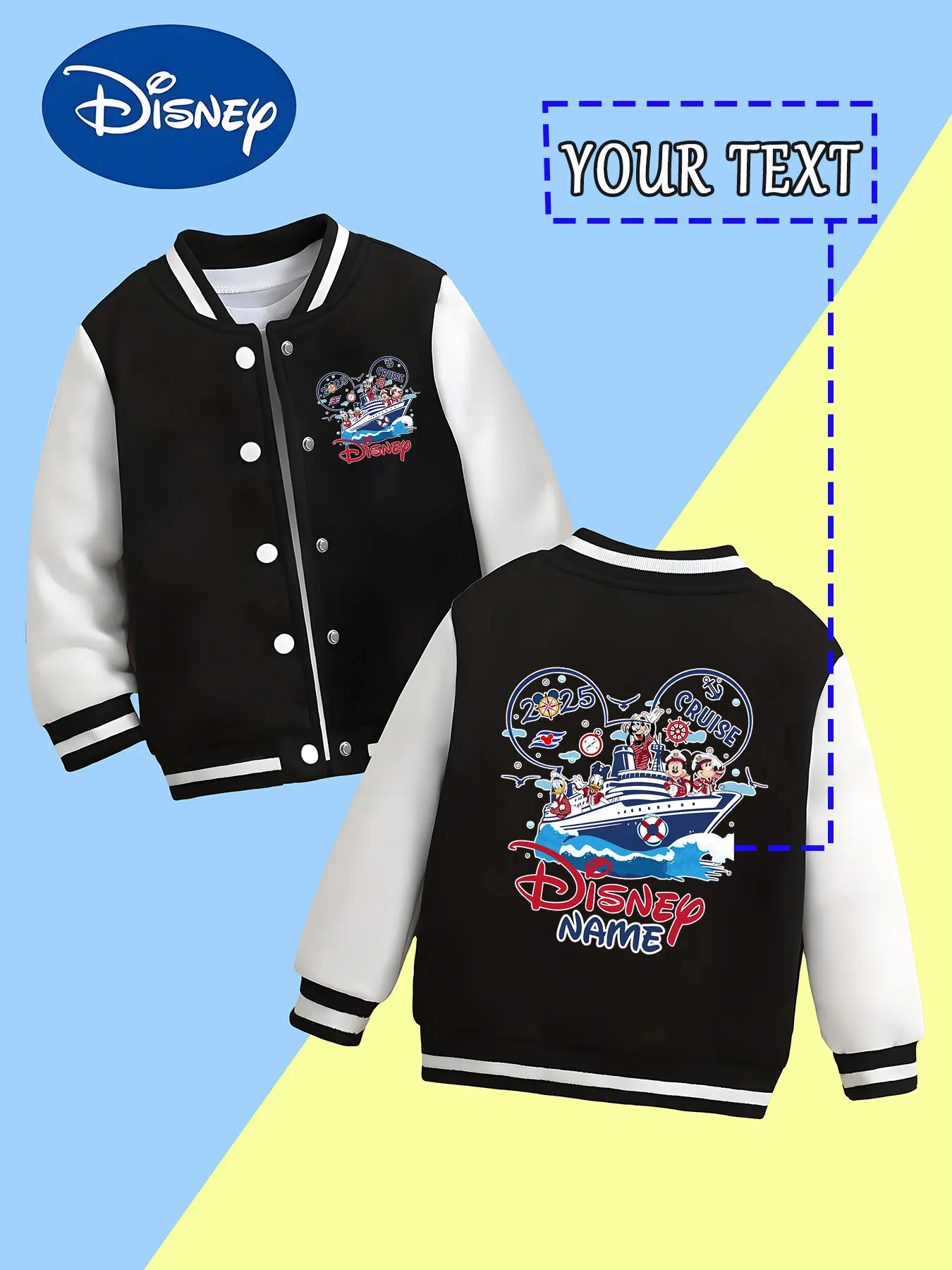 

MINISO Disney Cruise themed children's baseball jacket - Mickey head with cruise ship pattern, full of fun, suitable for parent-