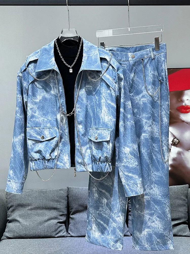 

2024 Spring Autumn New Faion Casual Loose Metal Chain Decorated Men's Denim Jaet Two-Piece Set Long Sve Long Pants
