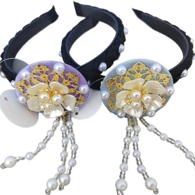 

[Y]Korean Headband Pearl Flower Hanbok Hairband Fashion Tassels Traditional Headdress Stage Dance Hair Hoop Ladies