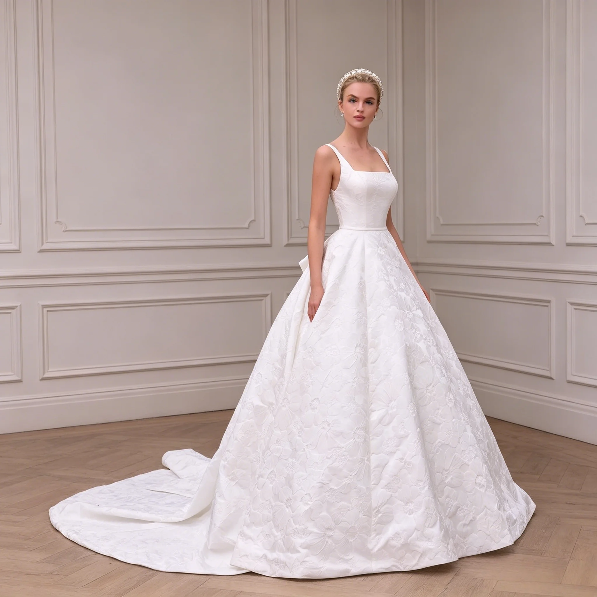 Jacquard Satin A Line Ball Gown Wedding Dress Embossed Floral A Line Pockets Detachable Big Bow Chapel Train Bridal Gown Customi