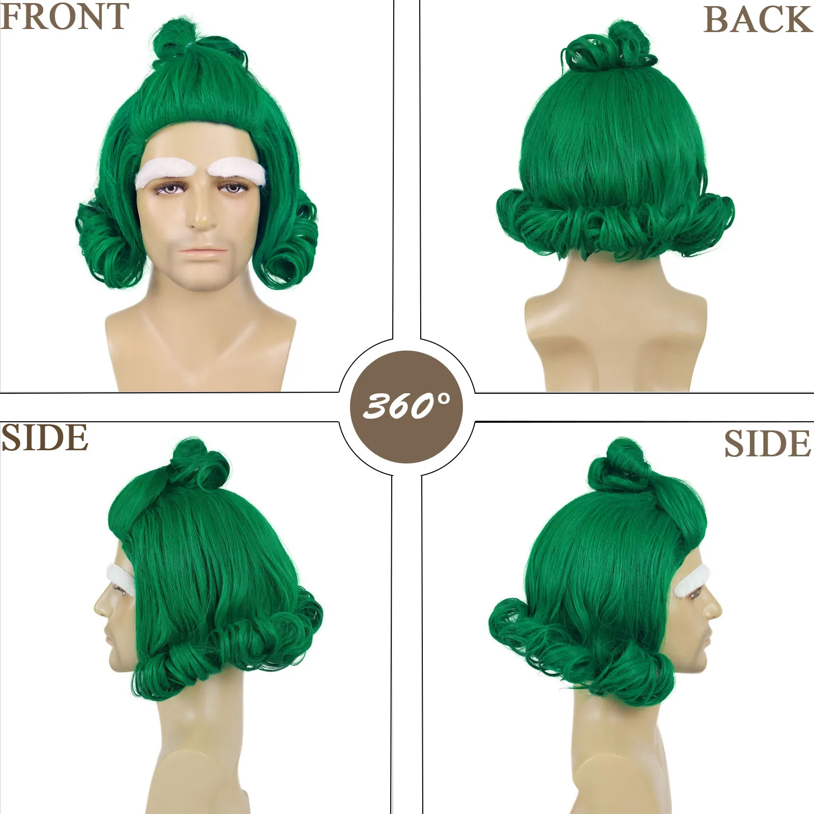 Parrucche per costumi di Halloween da uomo Parrucca per capelli cosplay anime ricci corti verdi sintetici con sopracciglia bianche Set di abiti dall'aspetto naturale