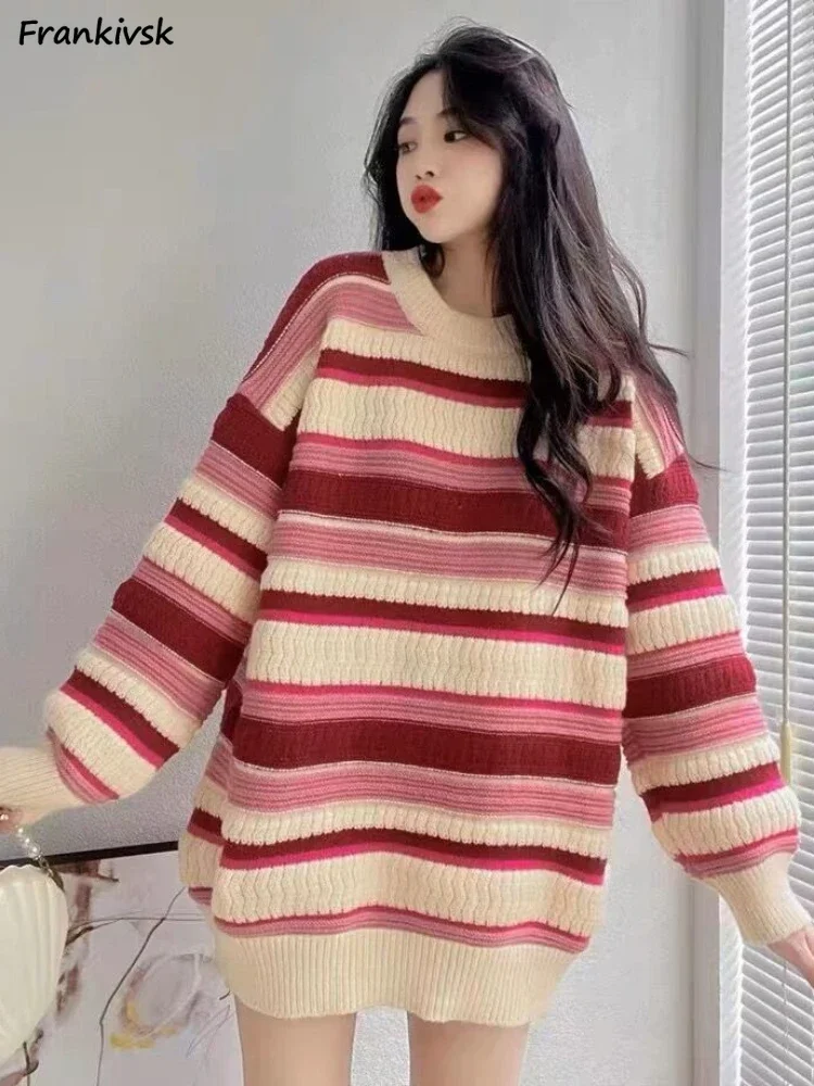 

Полосатые женские свитера контрастного цвета, универсальная осенне-зимняя уличная одежда, Hotsweet, с длинными рукавами, Harajuku, молодежный популярный трикотаж