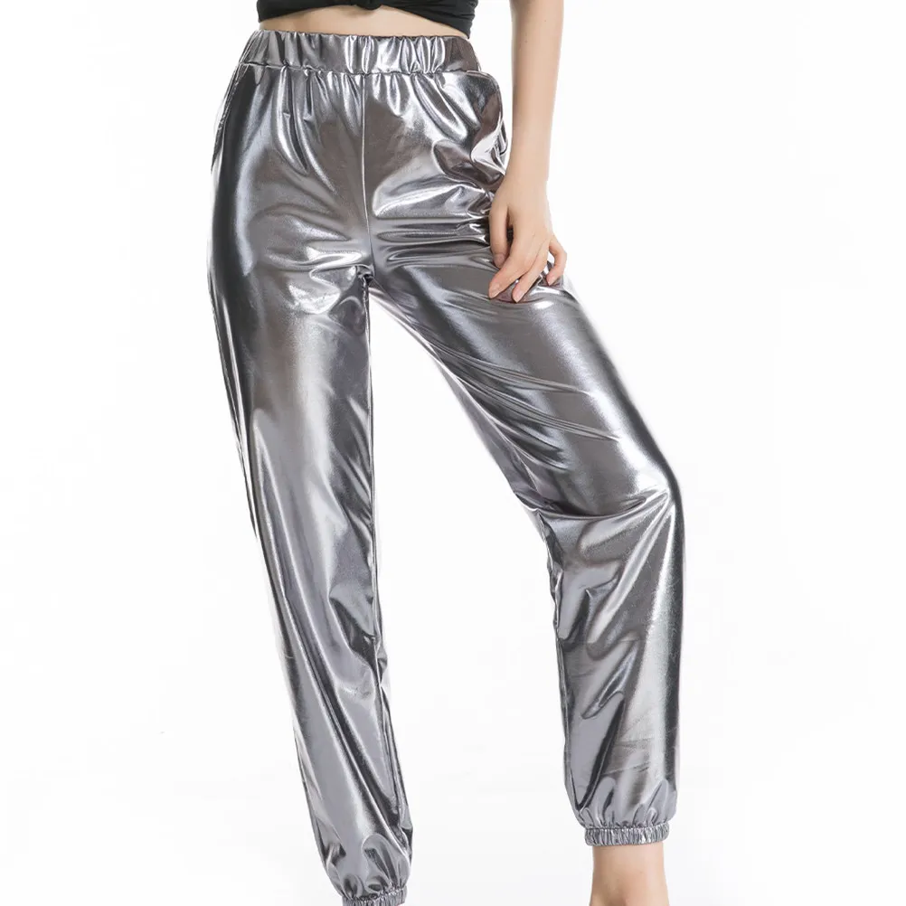 

Metallic Yoga Pants Women's High Waist Elastic Long Leggings Breathable Stylish Wear for Club Bar Outdoor Sports 80S 70S Theme
