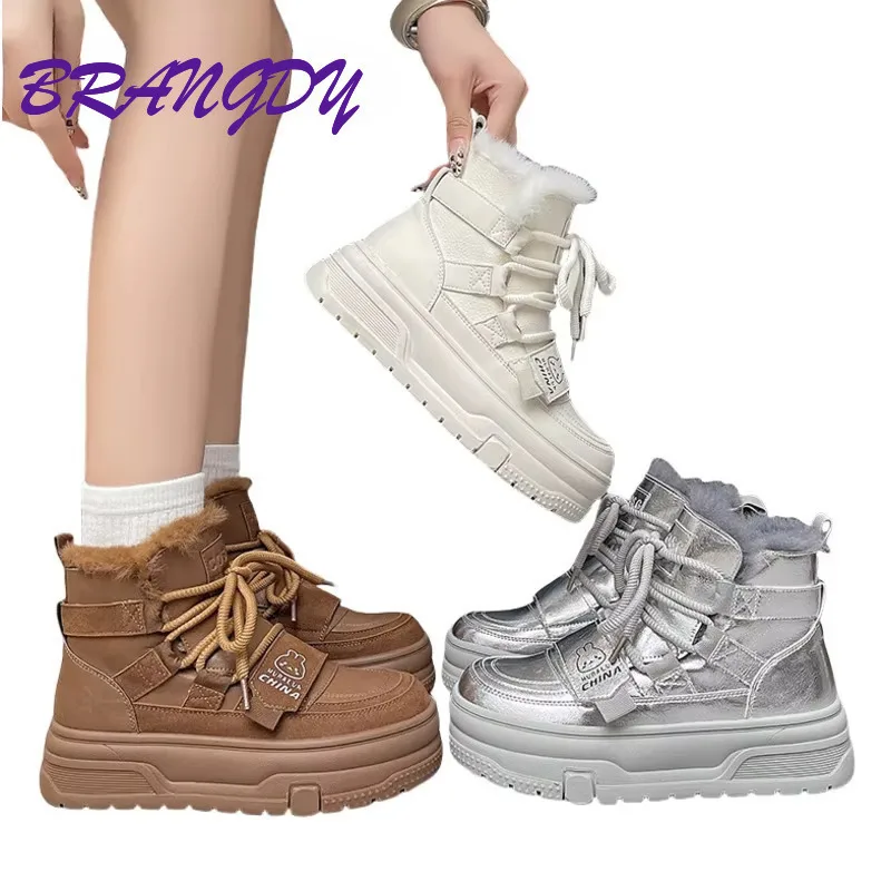 BRANGDY  Snow Boots Women's New Winter With Thick Velvet Waterproof Anti Slip Warm Short Boots High Rise Thick Soled Board Shoes