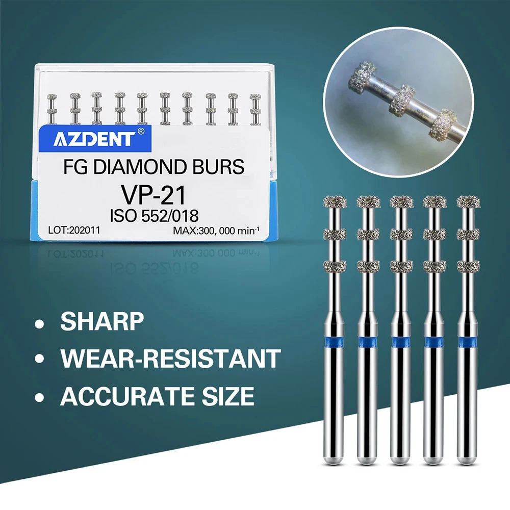 AZDENT Dental FG Diamond Burs VP-21 Preparation Depth Marking Medium Grit 1.6mm Max.300000rpm/Min For High Speed Handpiece