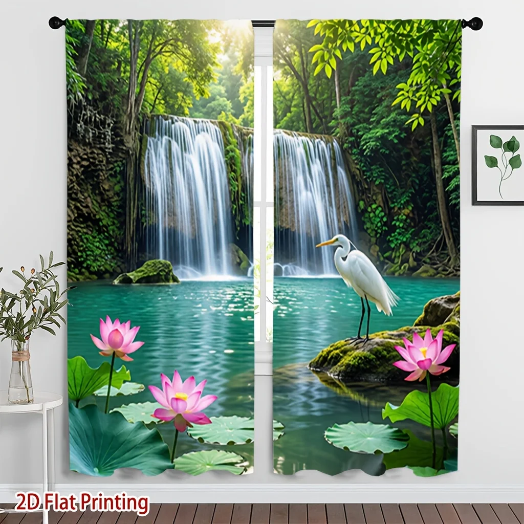 2D Flat Print Waterfall Lotus Egret Window Curtain Green Jungle Pond Light Filter Privacy Drape For Bedroom Living Room Homestay