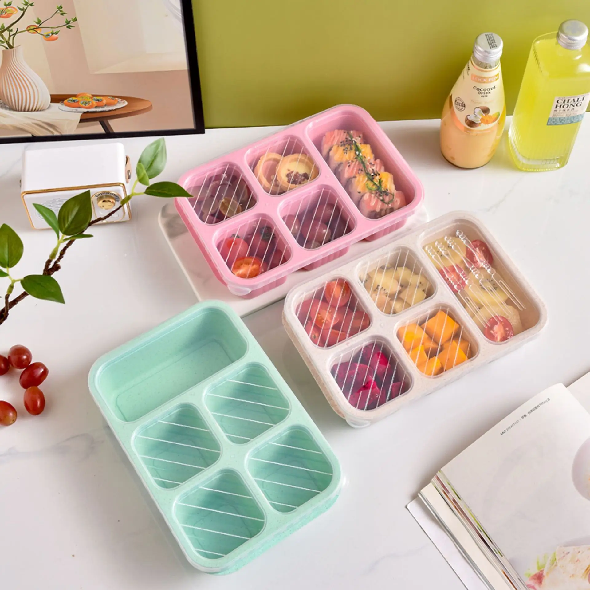 5 Grids Divided Serving Tray Storage Box with Lid Portable Lunch Box Fresh-keeping Snack Fruits Veggie Food Box