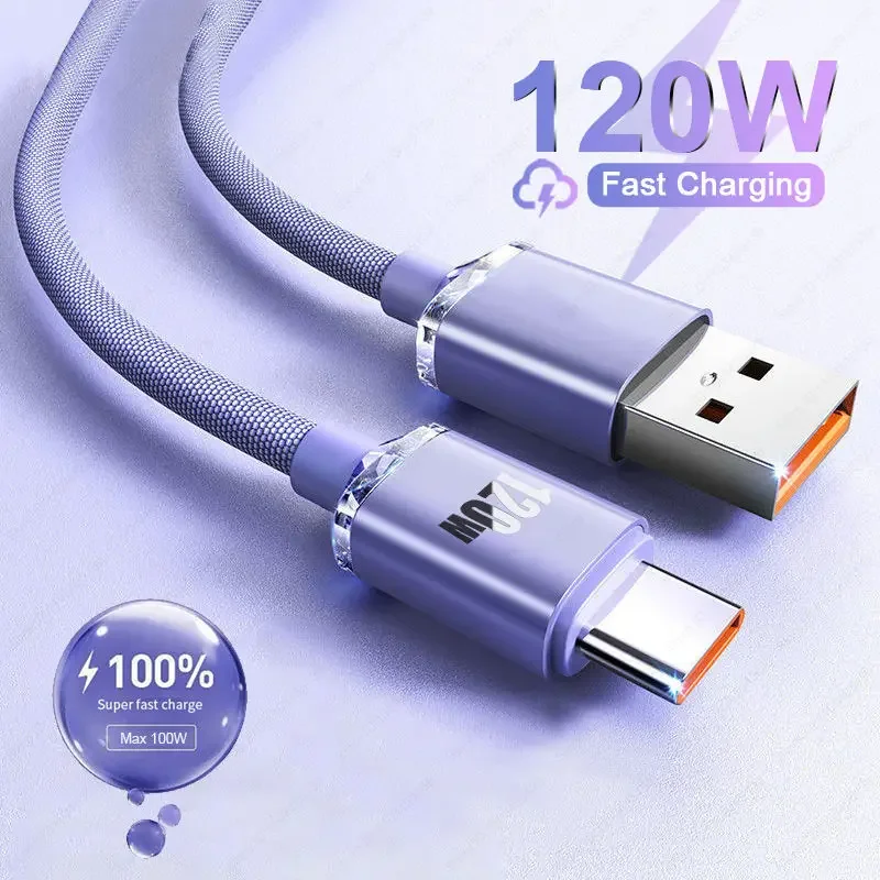 

6A 120W Super Fast Charging USB Type C Data & Sync Cable For S23 Realme Xiaomi 13 Huawei Mobile Phone Quick Braid Cord