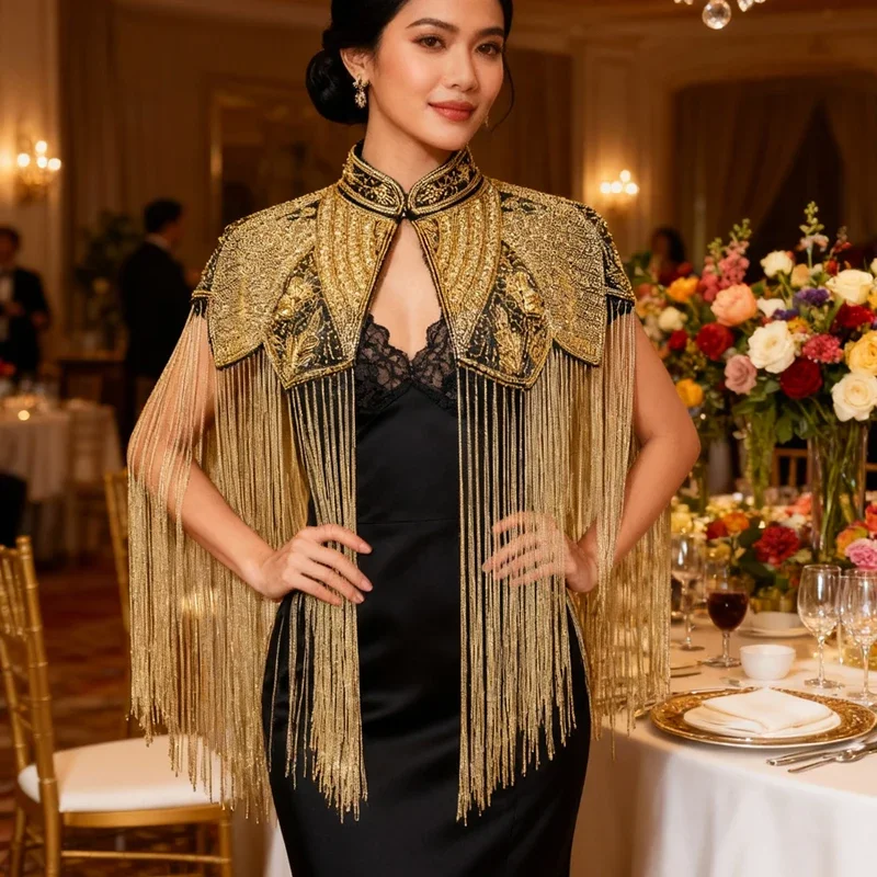 Indian Delicate Beaded Shawl Women Long Tassel Cheongsam Cloud Shoulder Handmade Beaded Fashion Show Gown Ancient Style Shawl