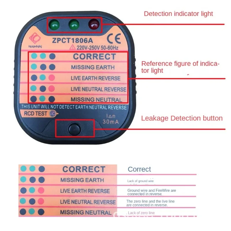 

Professional Socket Tester Professional Voltage Test RCD 30mA Socket Detector Grounded Neutral Plug Polarity Phase Check Tool