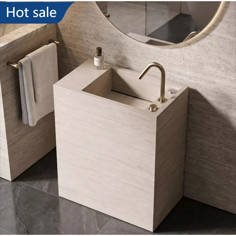 NQ52 Customized villa hotel public outdoor travertine rock slab column basin small apartment integrated floor-to-ceiling wash ba