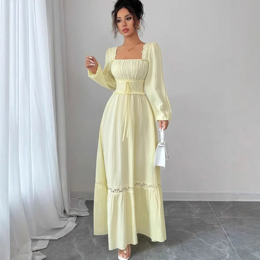 

Women's 2026 Early Autumn New Solid Color Long Sleeve U-Neck Lace Patchwork Waist-Cinching Long Dress